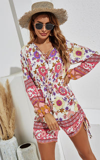 Long Sleeve Playsuit With Drawstring Detail In Pink and Purple Floral Mixed Print
