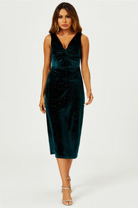 Silver Sparkly Velvet Knot Front Midi Dress In Green