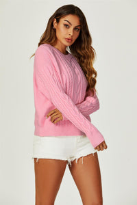 Cable Knit Crew Neck Jumper In Pink
