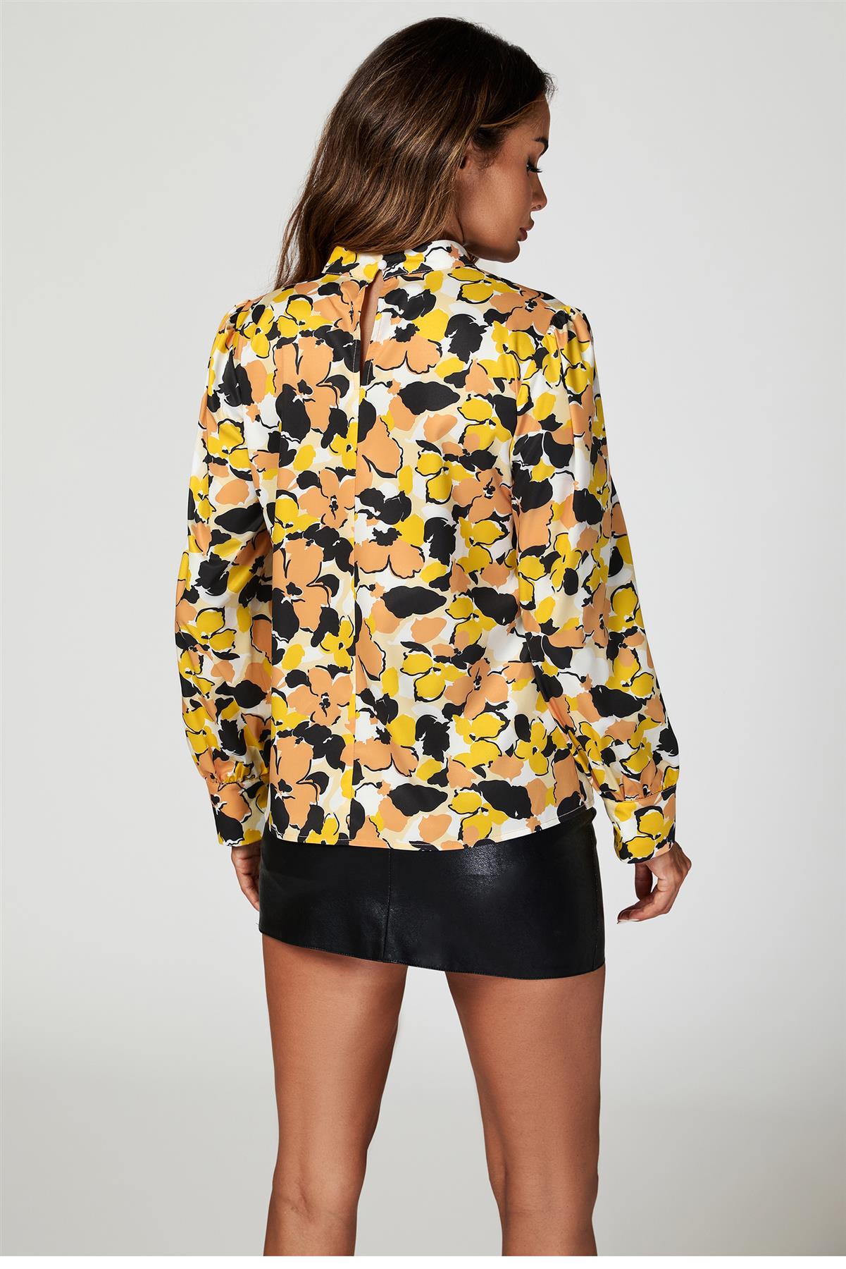Floral Print Long Sleeve High Neck Top In Yellow