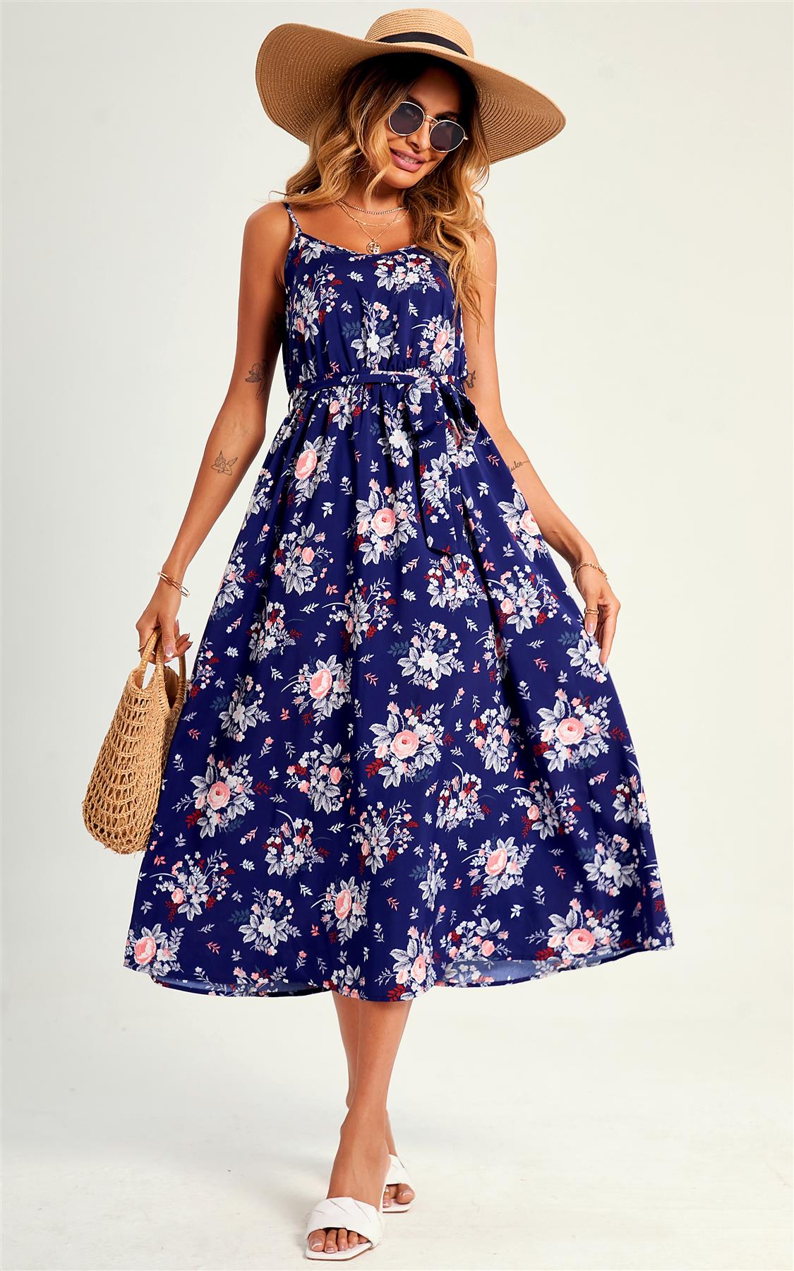 Flora Print Strap Midi Dress In Blue