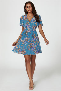 Floral Print Short Sleeve Mini Dress In Blue