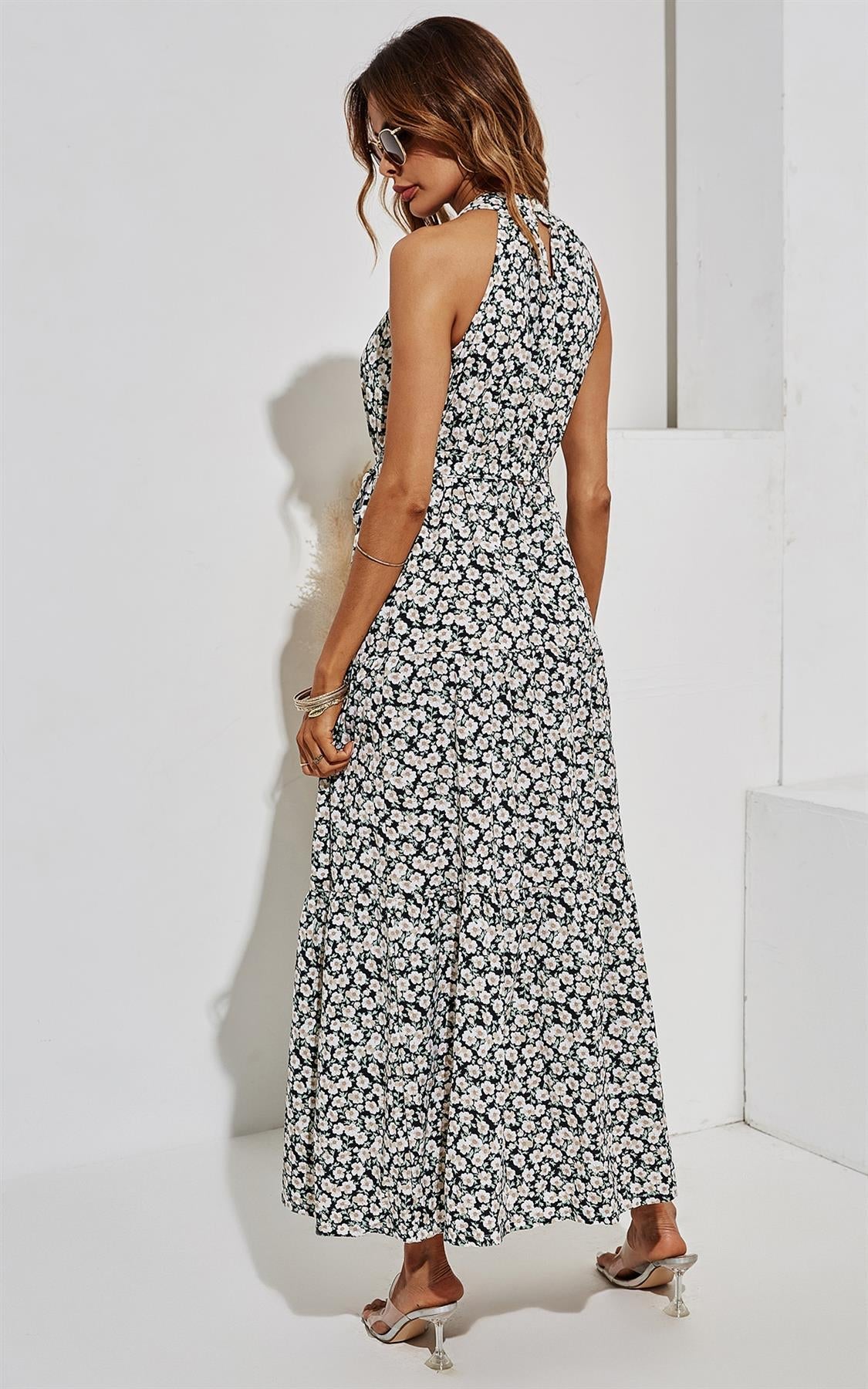 White Flora Print Halter Neck Midi Layer Dress In Black
