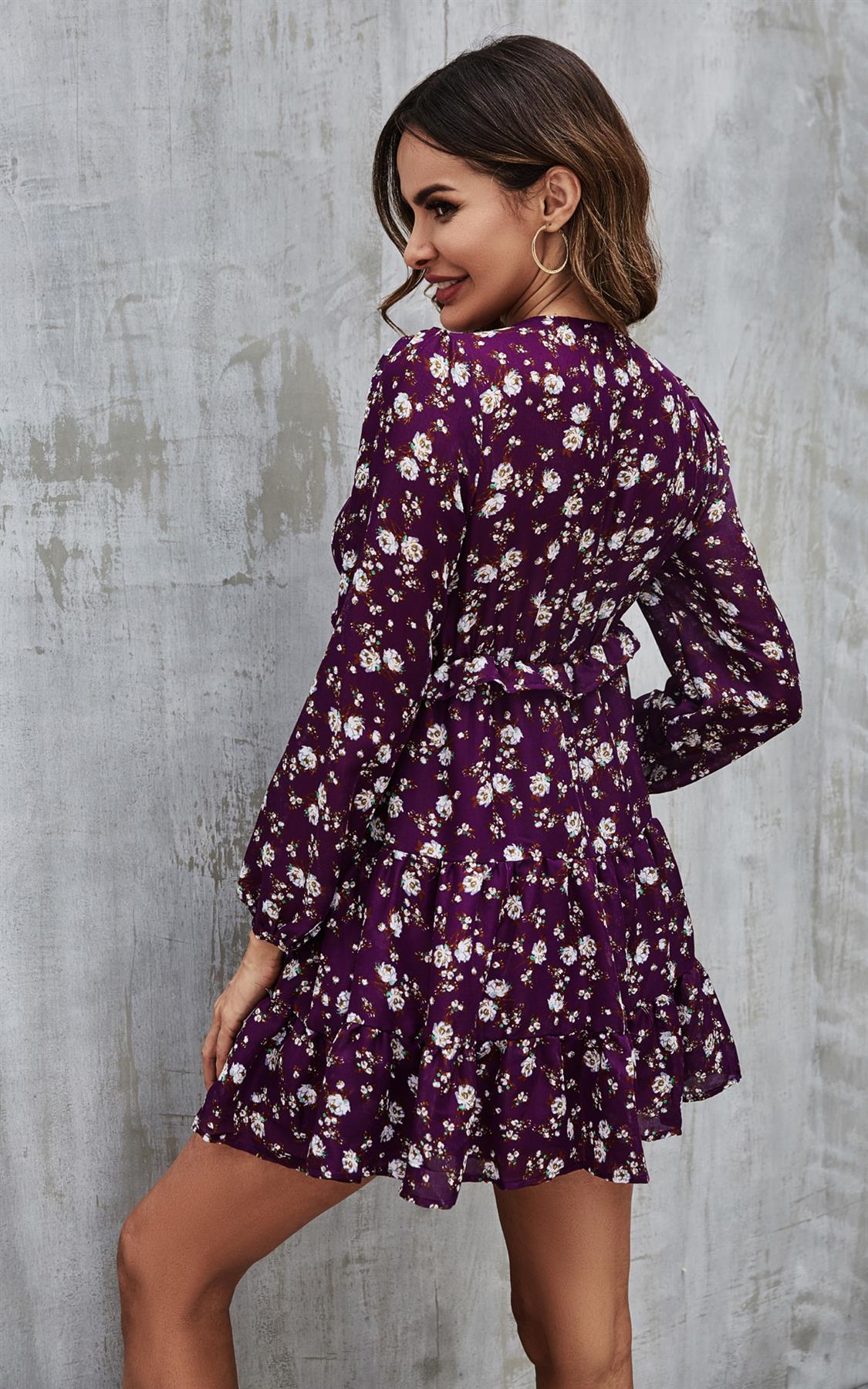 Long Sleeve Mini Dress In Purple Floral Print