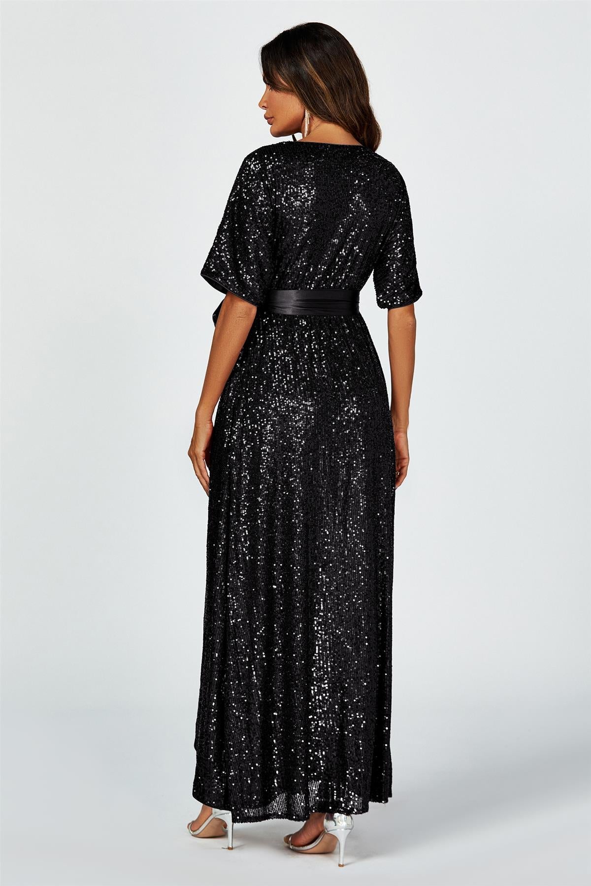Wrap Style Sequin Maxi Dress In Black