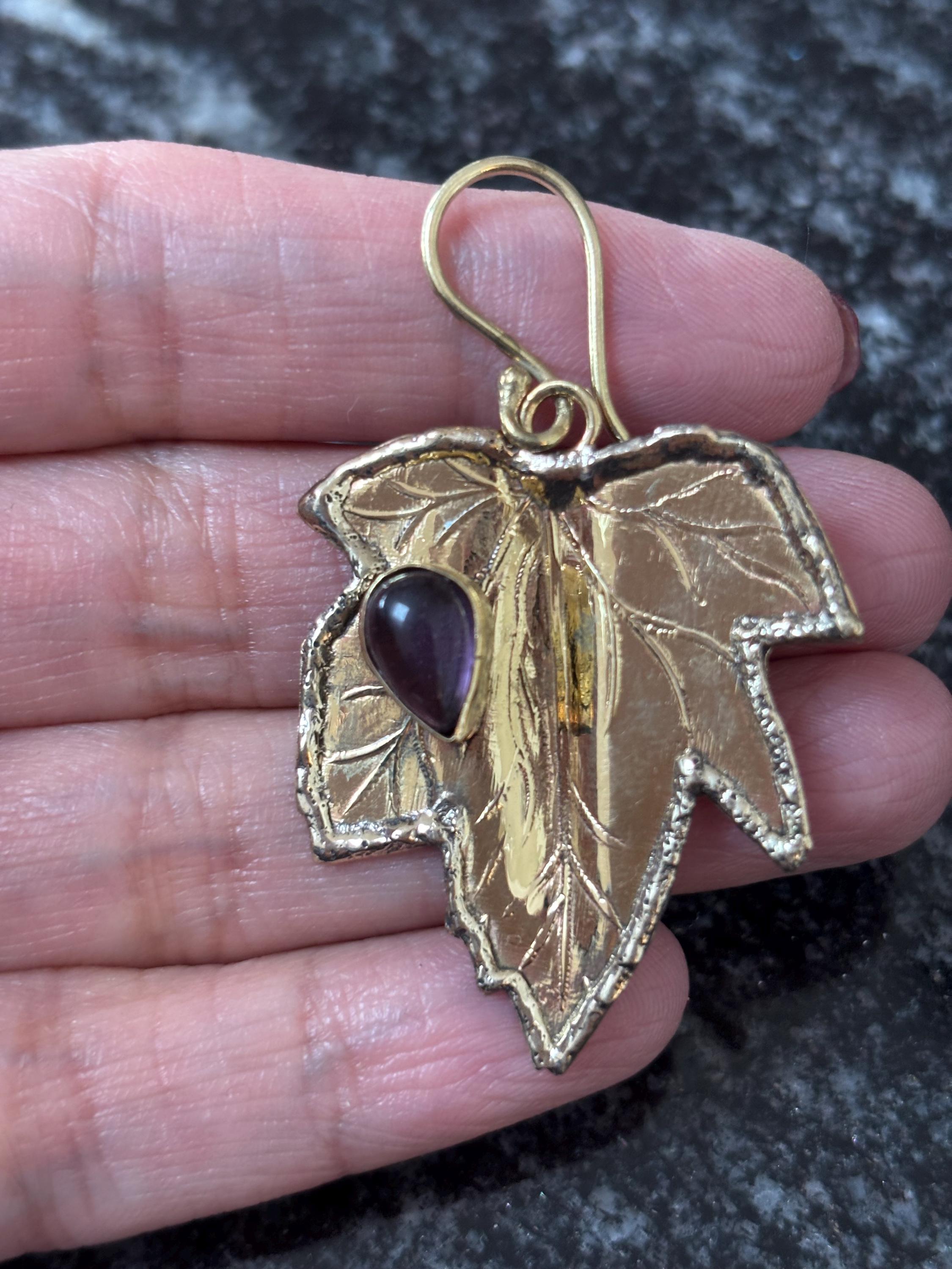 Brass Leaf Dangle Earrings - Nature-Inspired Brass Leaves with Blue Lapis/Labradorite Accents.