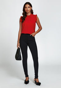 Frill Trim Sleeve Frill Neck Blouse Top In Red