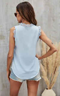 Lace Trim V Neck Sleeveless Blouse In Blue