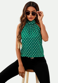 Polka Dot Print Halter Neck Tie Back Top In Green