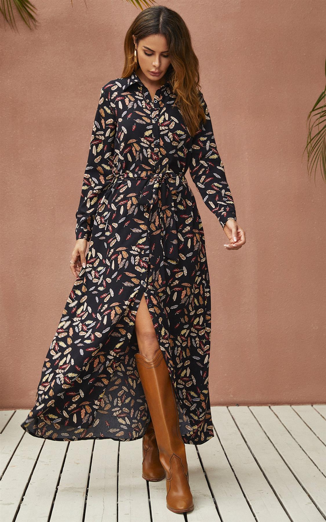 Leaf Print Black Shirt Dress With Tie Waist + Free Gold Stretch Leaf Belt