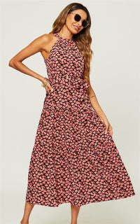 Halter Neck Maxi Layer Dress In Pink Floral Print