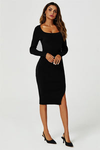 Long sleeved Knit Midi Dress In Black