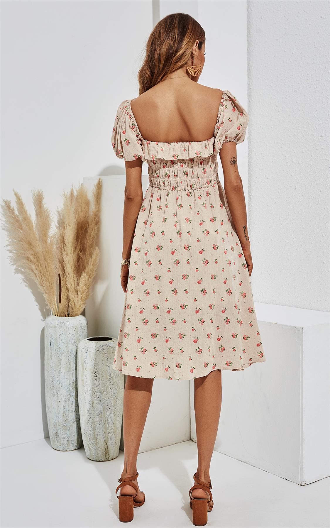 Pink Floral & Green Leaf Print Puff Frill Sleeve Elasticated Detail Midi Dress In Beige