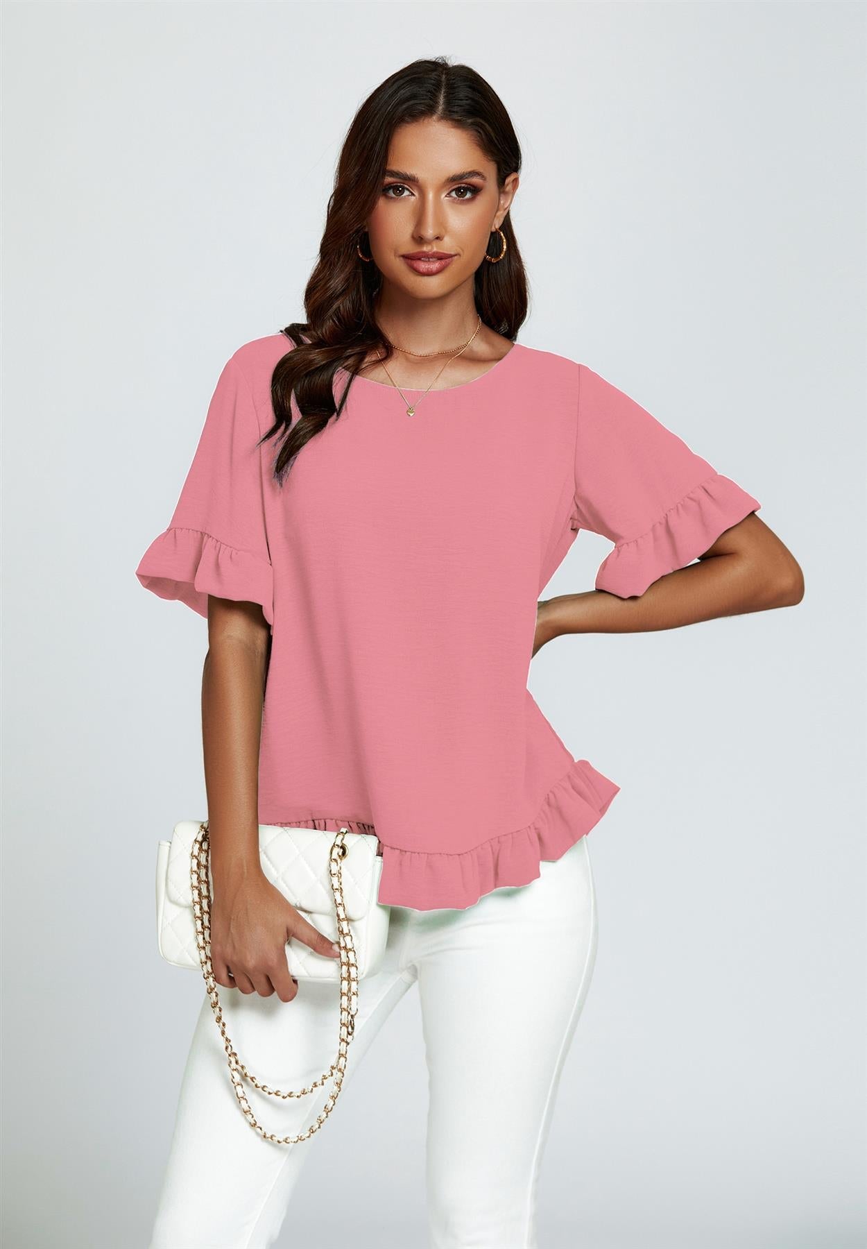 Frill Detail Short Sleeves Top In Powder