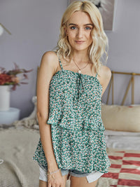 Double Frill Hem Cowl Neck Cami Top In Mint Green & White Daisy Floral