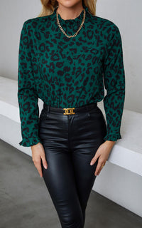 Forest Green Black Leopard Print Frill Detail High Neck Top