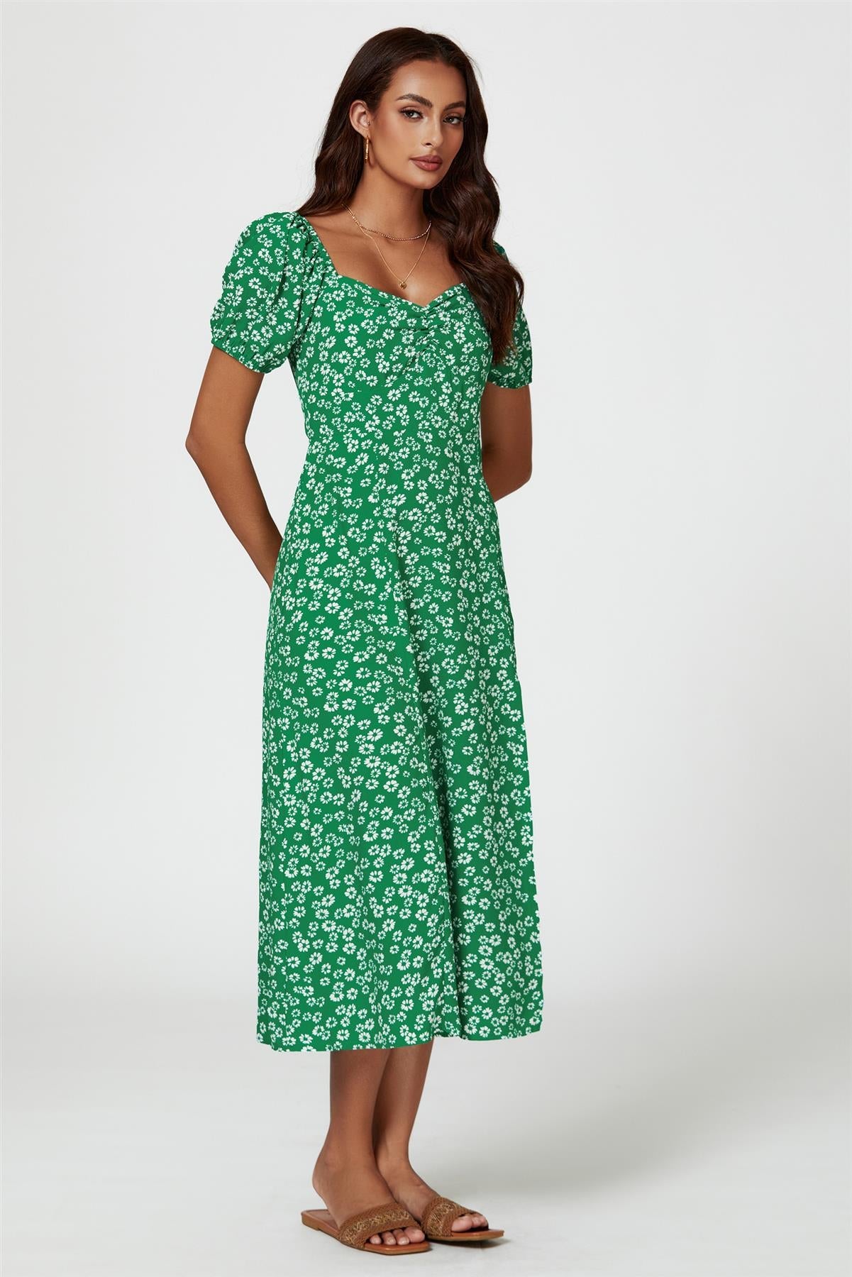 Puff Sleeve Heart Neckline Midi Dress In Green