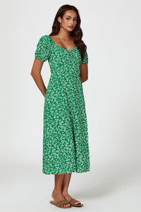 Puff Sleeve Heart Neckline Midi Dress In Green