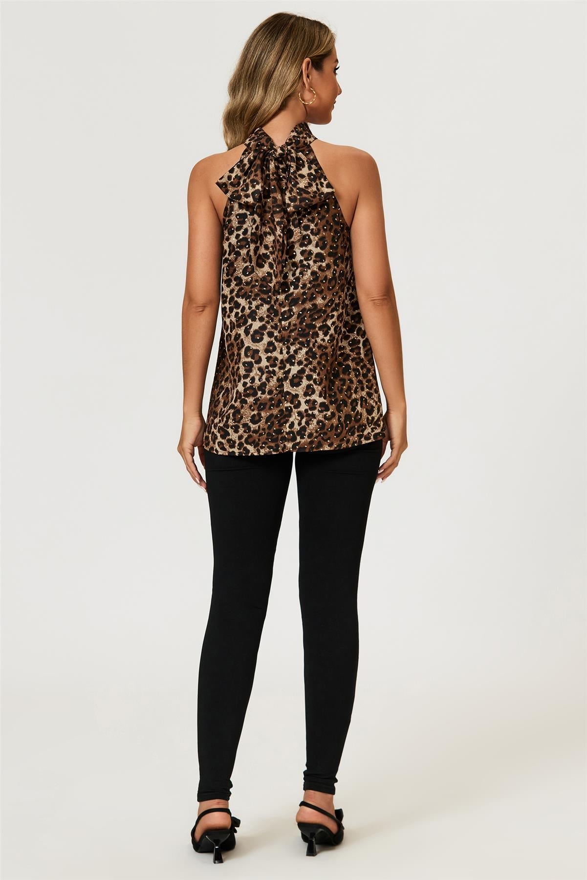 Leopard Print Foil Halter Neck Tie Back Top In Brown