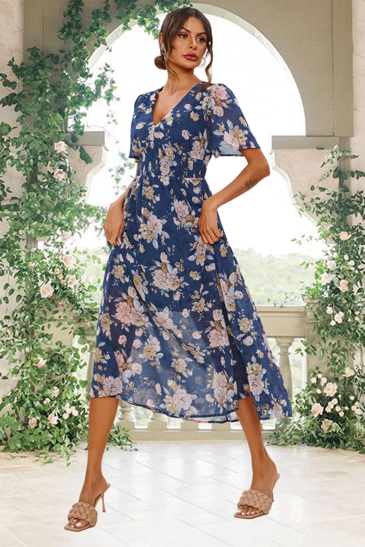 Floral Print Angel Sleeve Maxi Dress In Blue