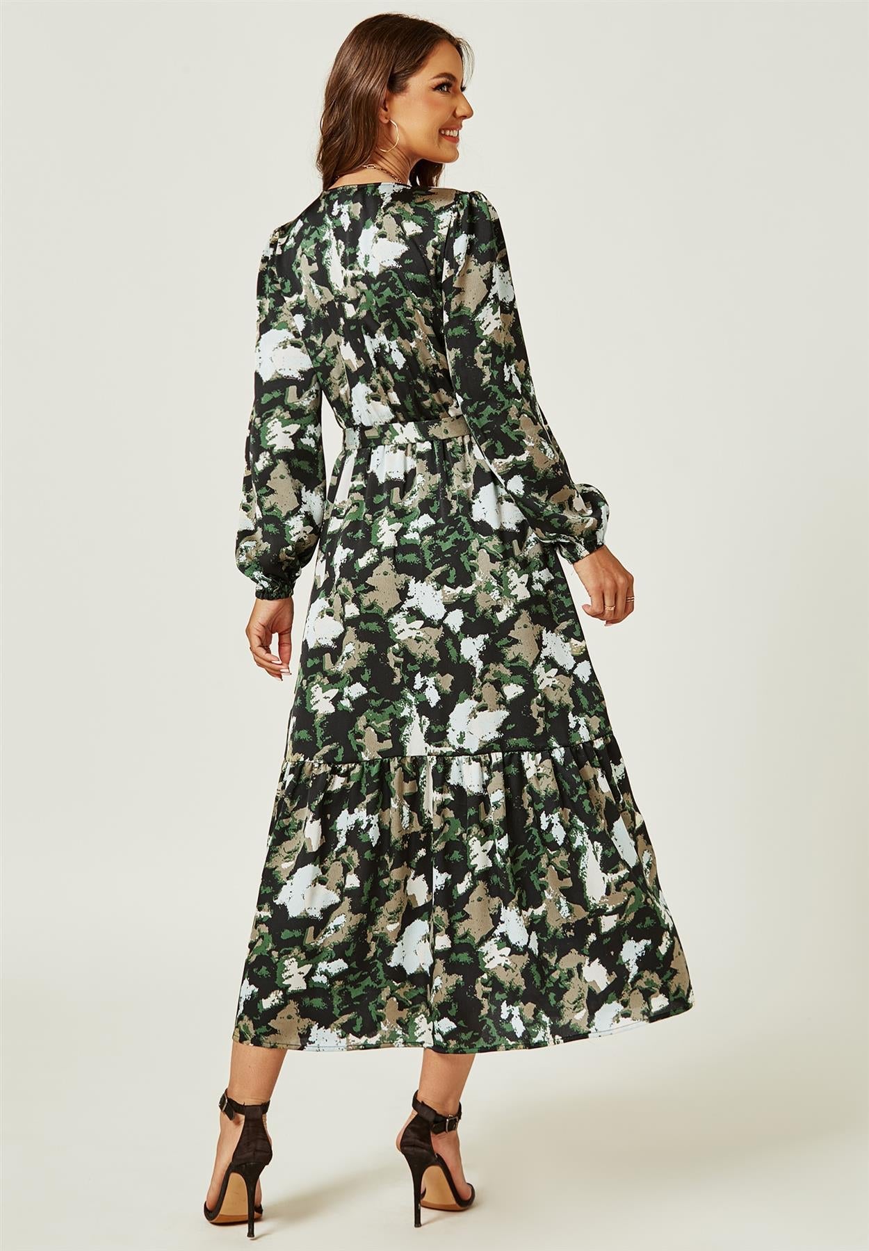 Long Sleeve Wrap Midi Dress In Black Print