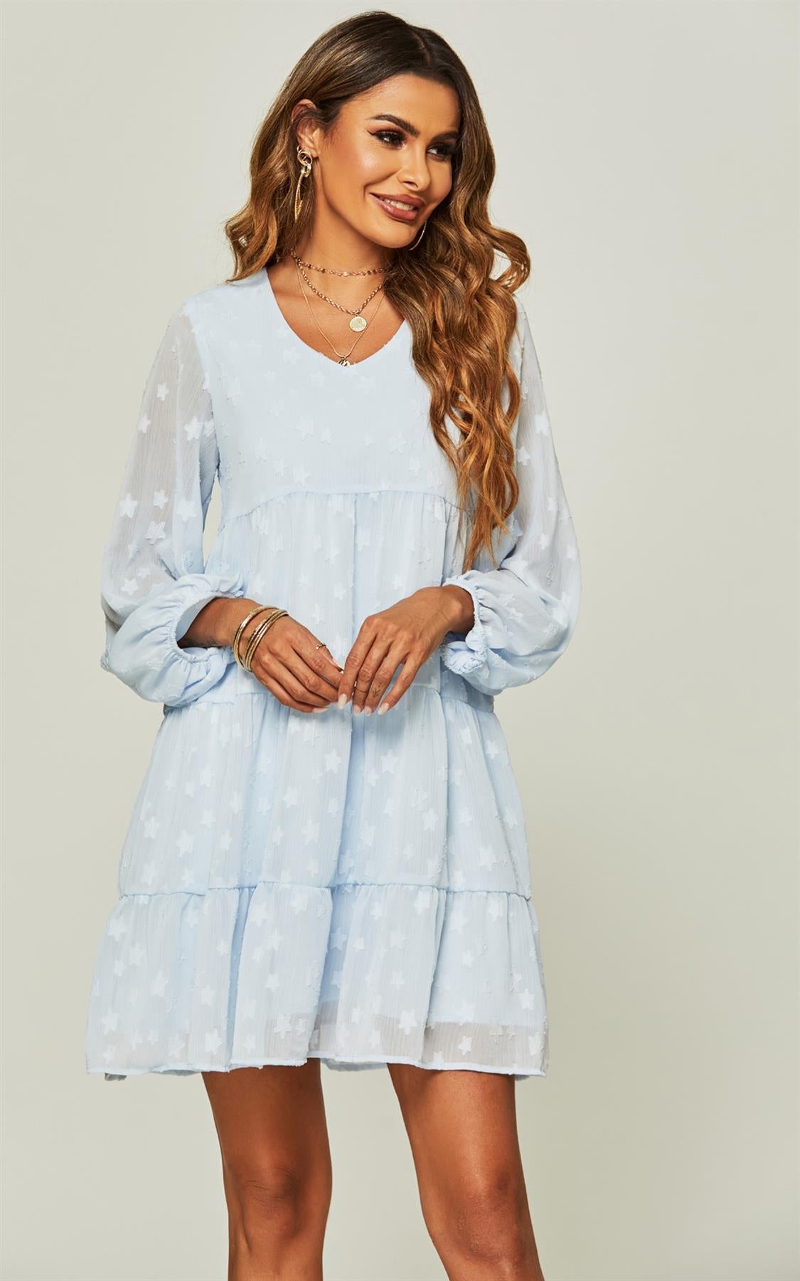 V Neck Long Balloon Sleeve Tiered Dress In Blue & Star Patten