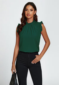 Frill Trim Sleeve Frill Neck Blouse Top In Dark Green