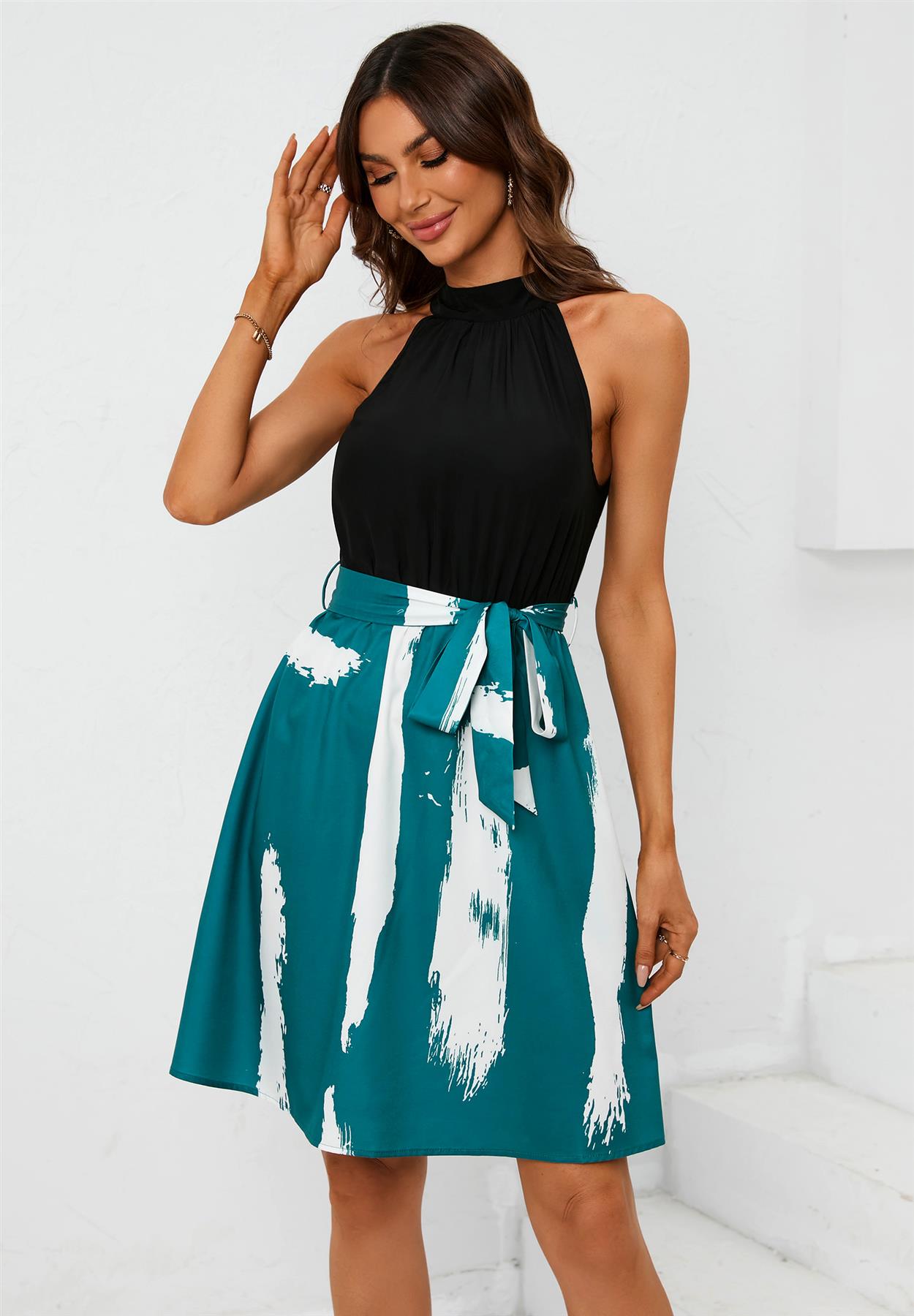 Black Halterneck Top 2 In 1 Mini Dress In Blue Print