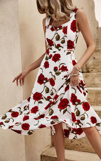 Red Roses Print Heart Neck Midi Dress In Off White