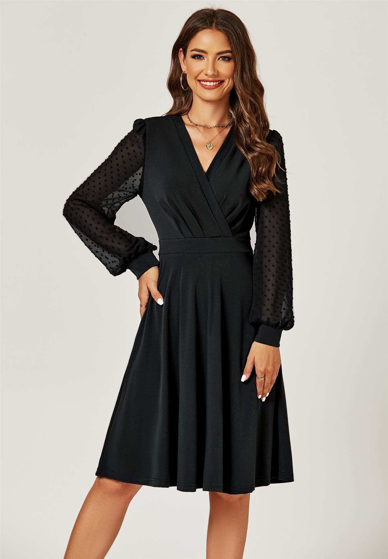 Long Chiffon Sleeve Pleated Midi Dress In Black