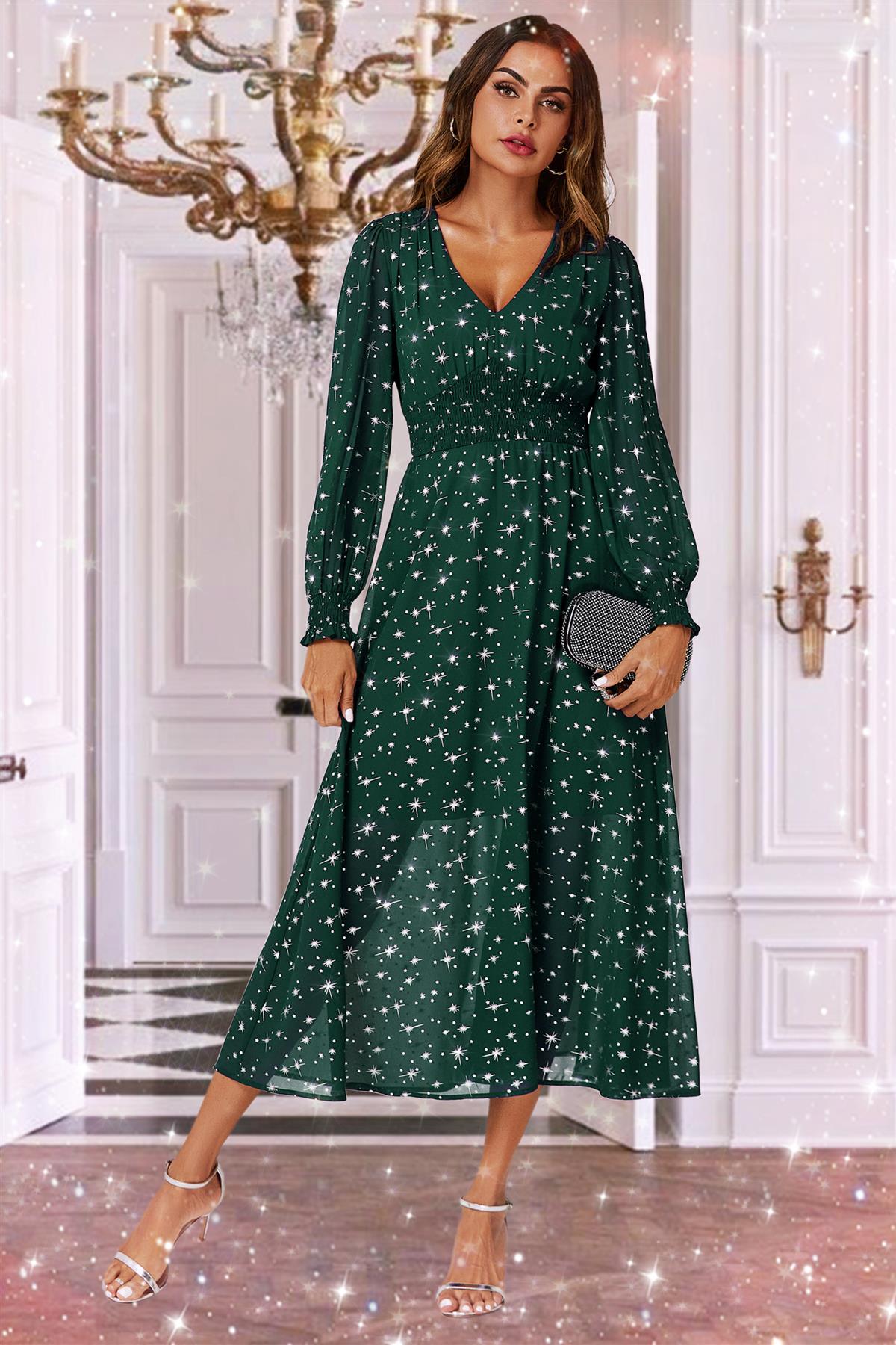 Silver Star Foil Long Sleeve Maxi Dress In Green