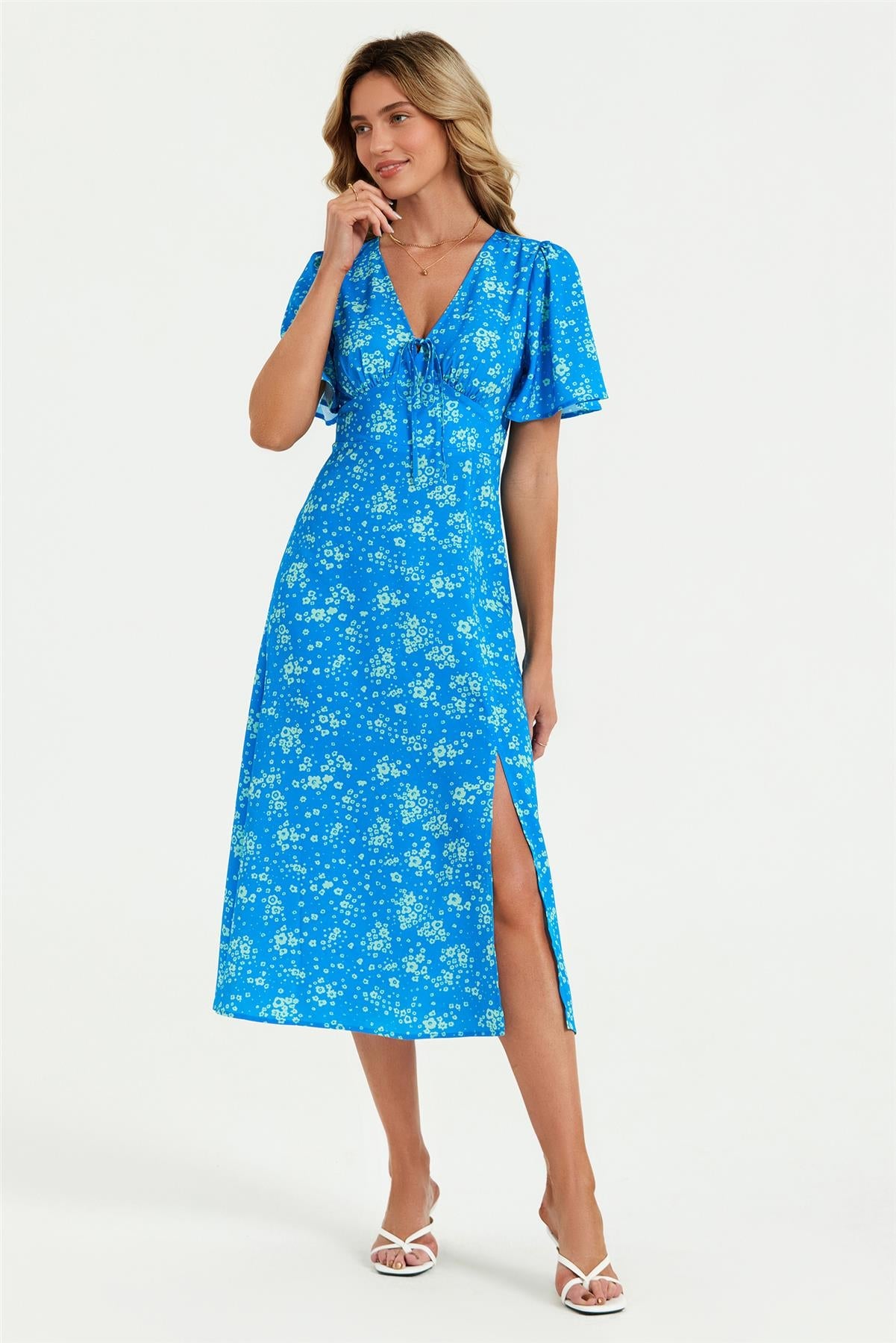 Green Floral Print Angel Sleeve Midi Dress In Blue