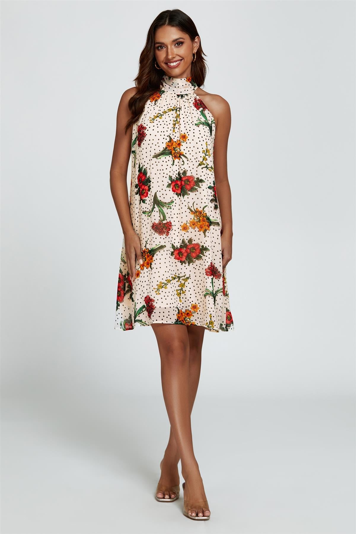 Floral Print Halter Neck Tie Back Mini Dress In Off White