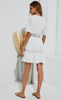 V Neck Lace Mini Dress In Ivory White