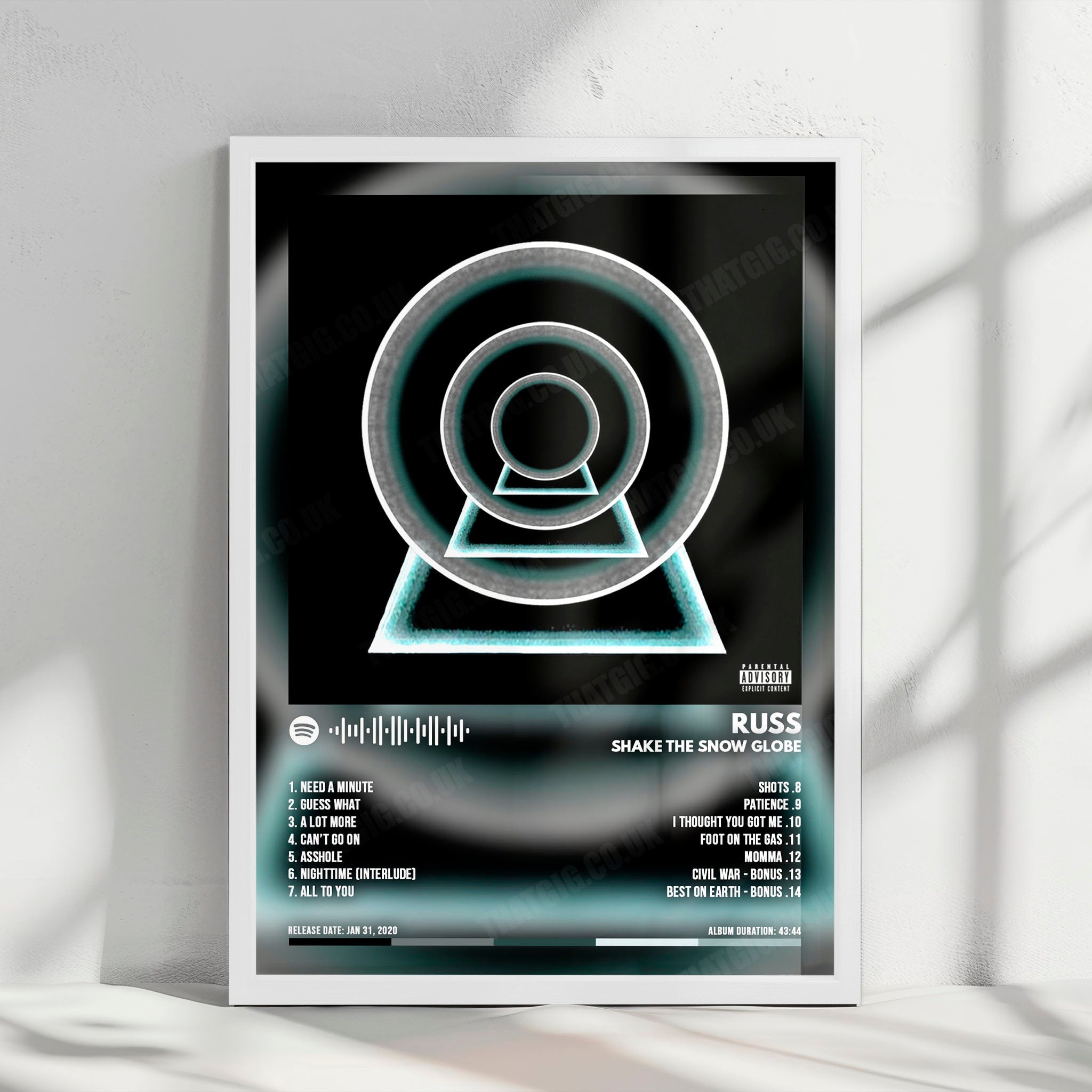 Russ "Shake the Snow Globe" Album Cover Poster - with Complete Tracklist