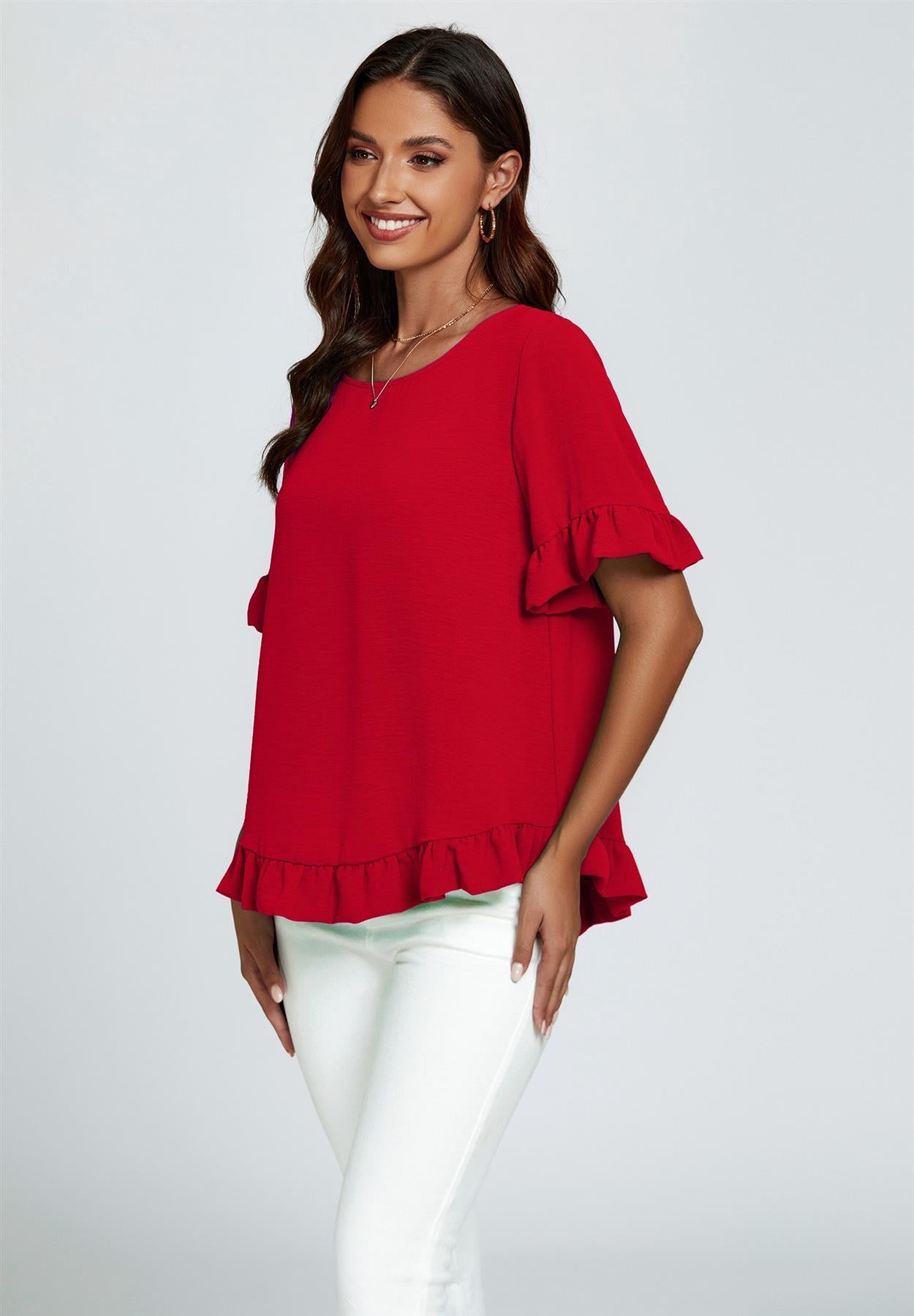 Frill Detail Short Sleeves Top In Red