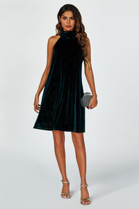 Silver Foil Velvet Halter Neck Tie Back Mini Dress In Green