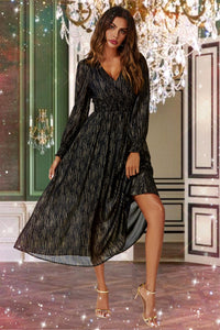 Gold Stripe Foil Long Sleeve Maxi Dress In Black
