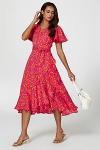 Abstract Print Midi Wrap Dress In Fuchsia