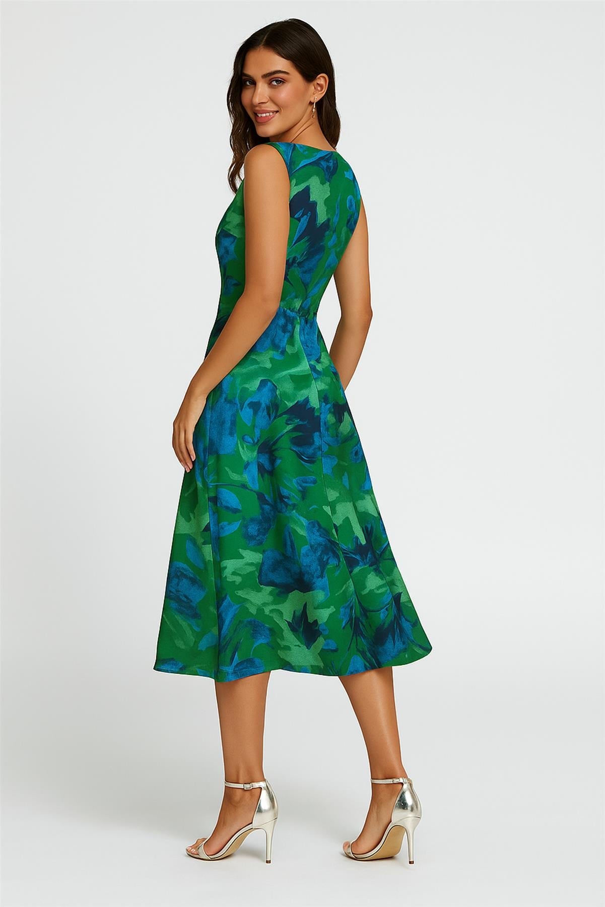 Abstract Floral Print Heart Neck Midi Green