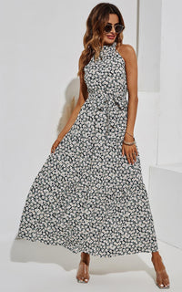 White Flora Print Halter Neck Midi Layer Dress In Black