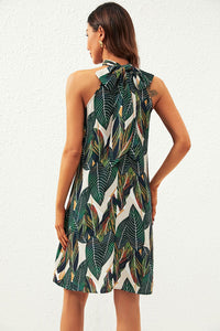 Leaf Print Halter Neck Tie Back Mini Dress In Green