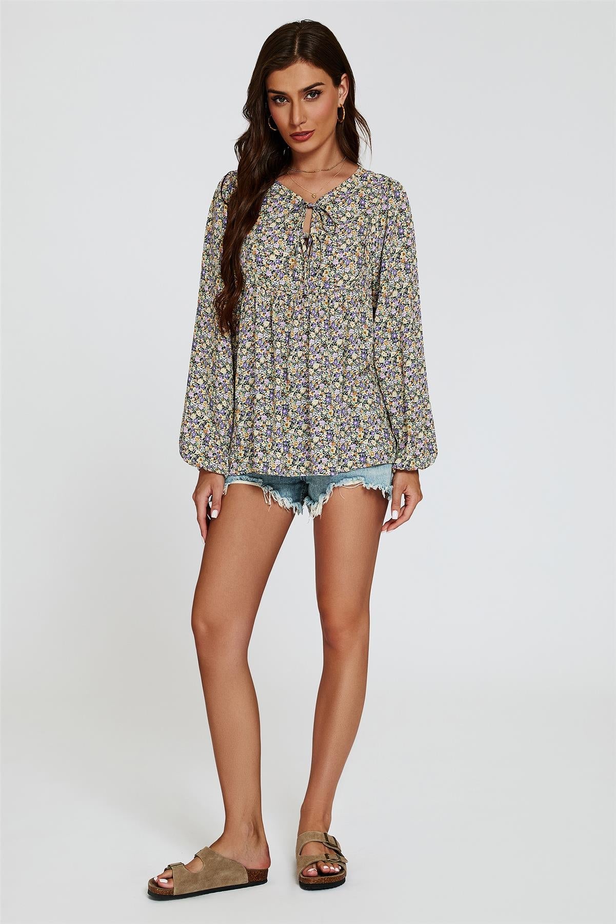 Floral Print long sleeve Blouse Top In Purple