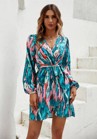 Teal & Pink Tie Dye Print Wrap Mini Dress In Green
