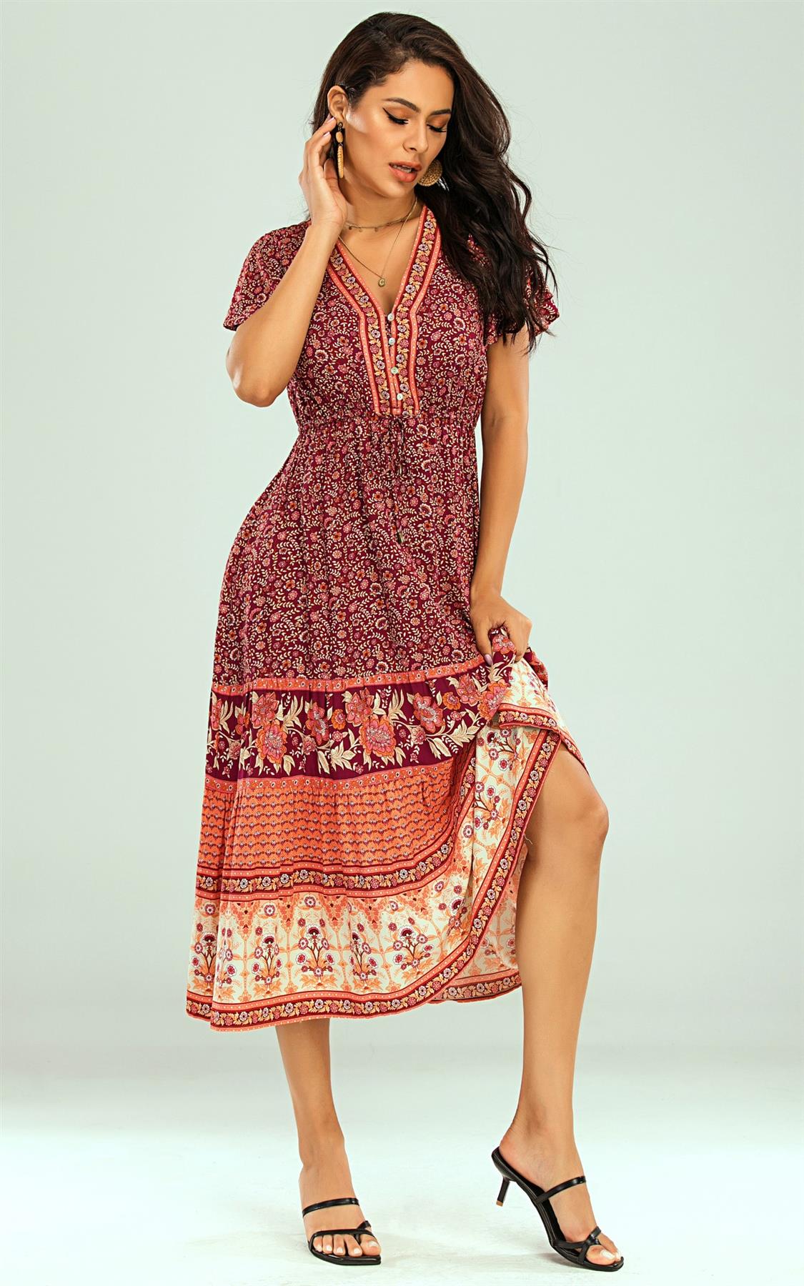 Floral Printed Tiered Midi Dress In Red