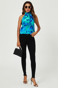 Abstract Floral Print Halter Neck Tie Back Top In Blue