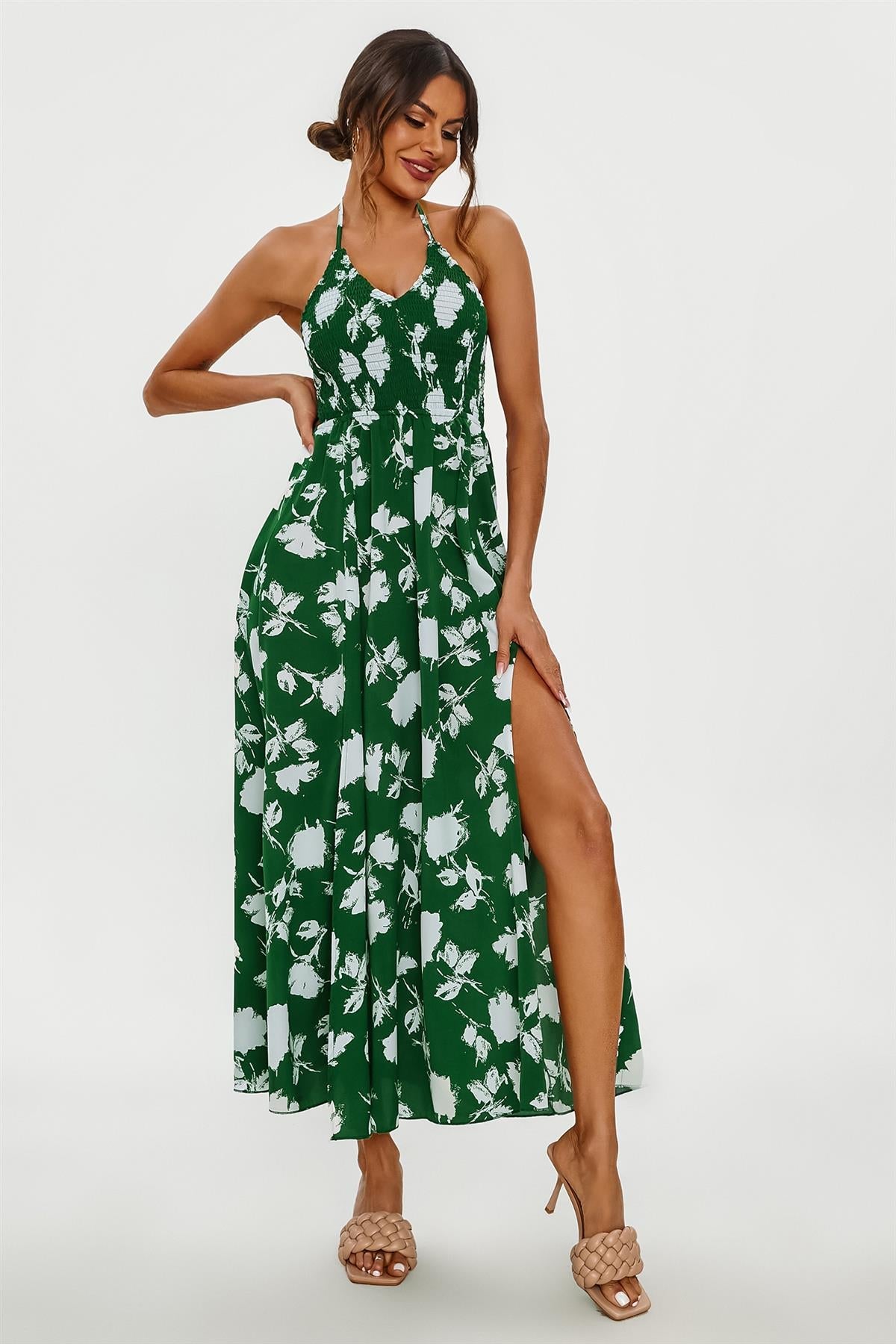 Floral Print Tie Halterneck Back Detail Maxi Dress In Green