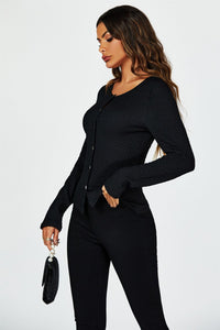 Button Down Ruched Stretch Long Sleeves Top In Black