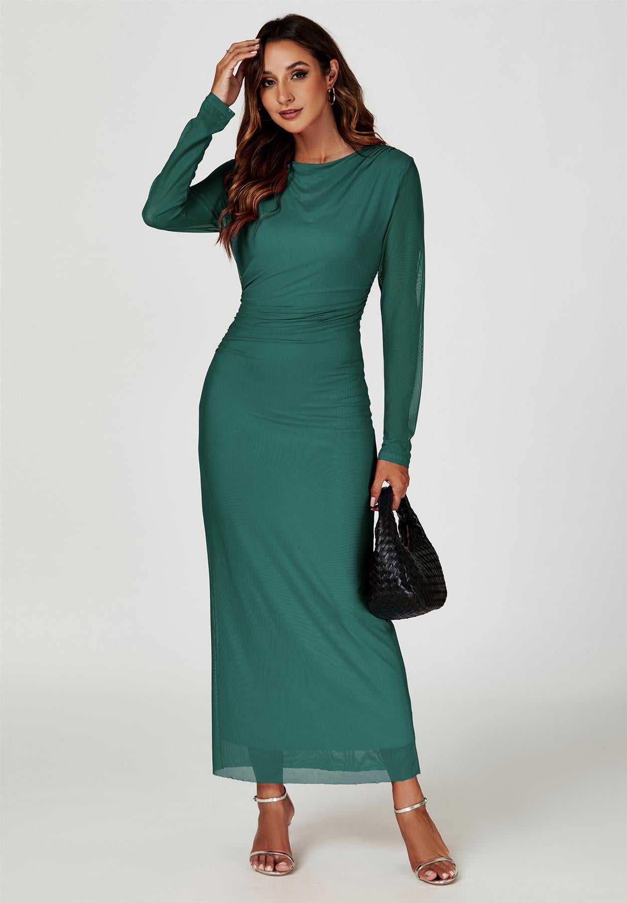Long Sleeves Mesh Maxi Dress In Green