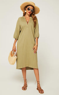 Smock Dress With Long Sleeves In Khaki Green